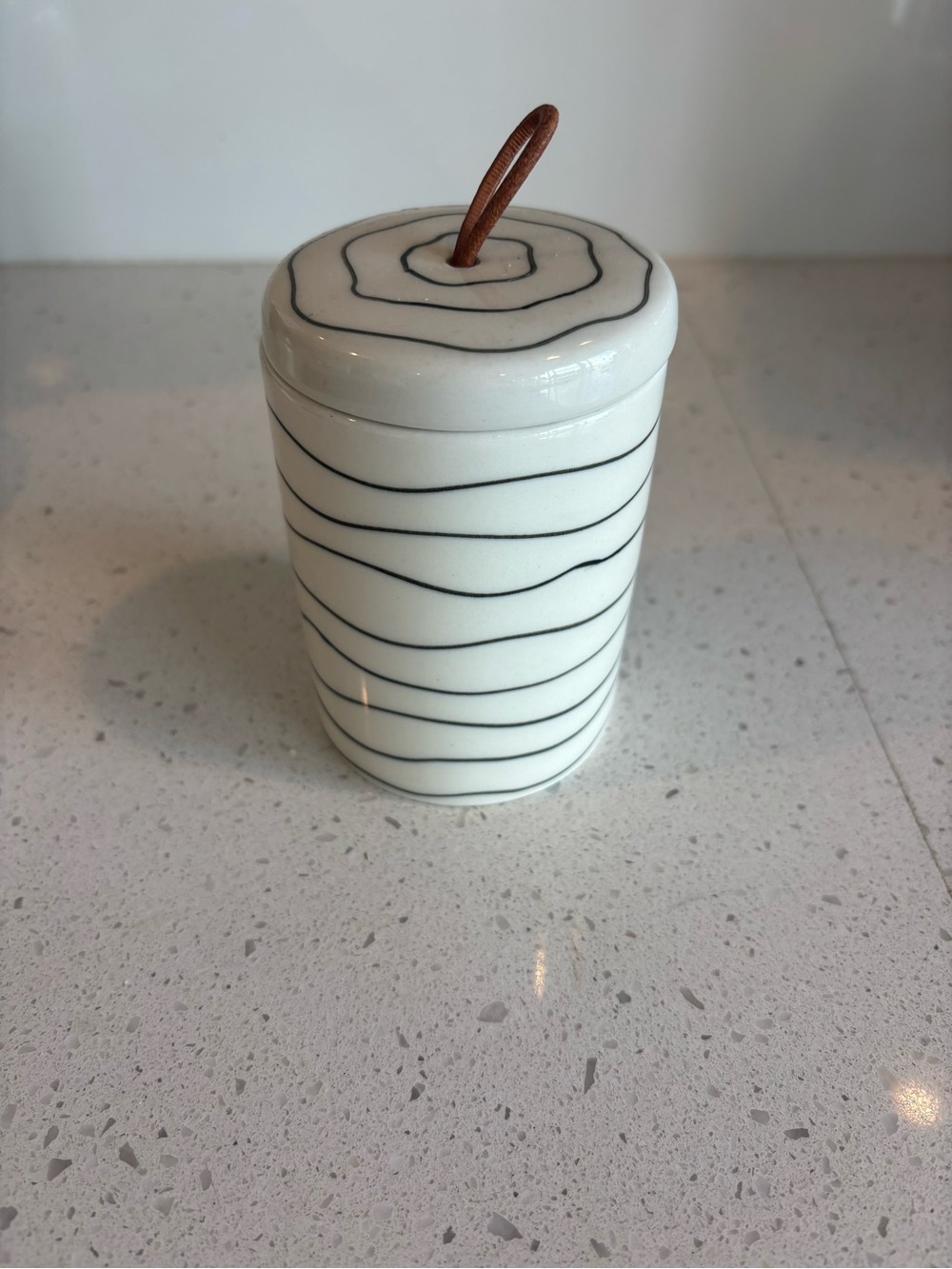 White Ceramic Lidded Jar with Black Stripe and Leather Pull